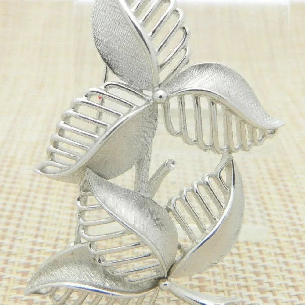 Crown TRIFARI Silver Tone Double Leaf Pin Brooch